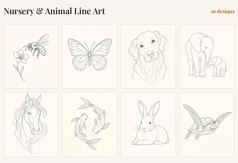 Nursery & Animal Line Art, 16 designs