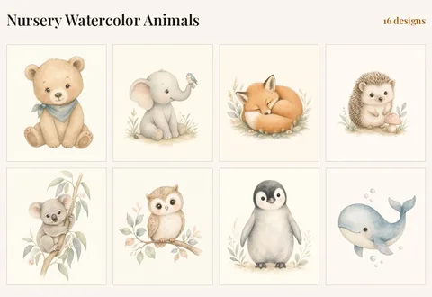Nursery Watercolor Animals, 16 designs