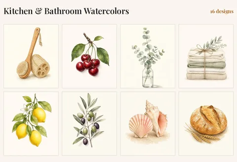 Kitchen & Bathroom Watercolors, 16 designs