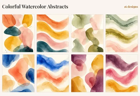 Colorful Watercolor Abstracts, 16 designs