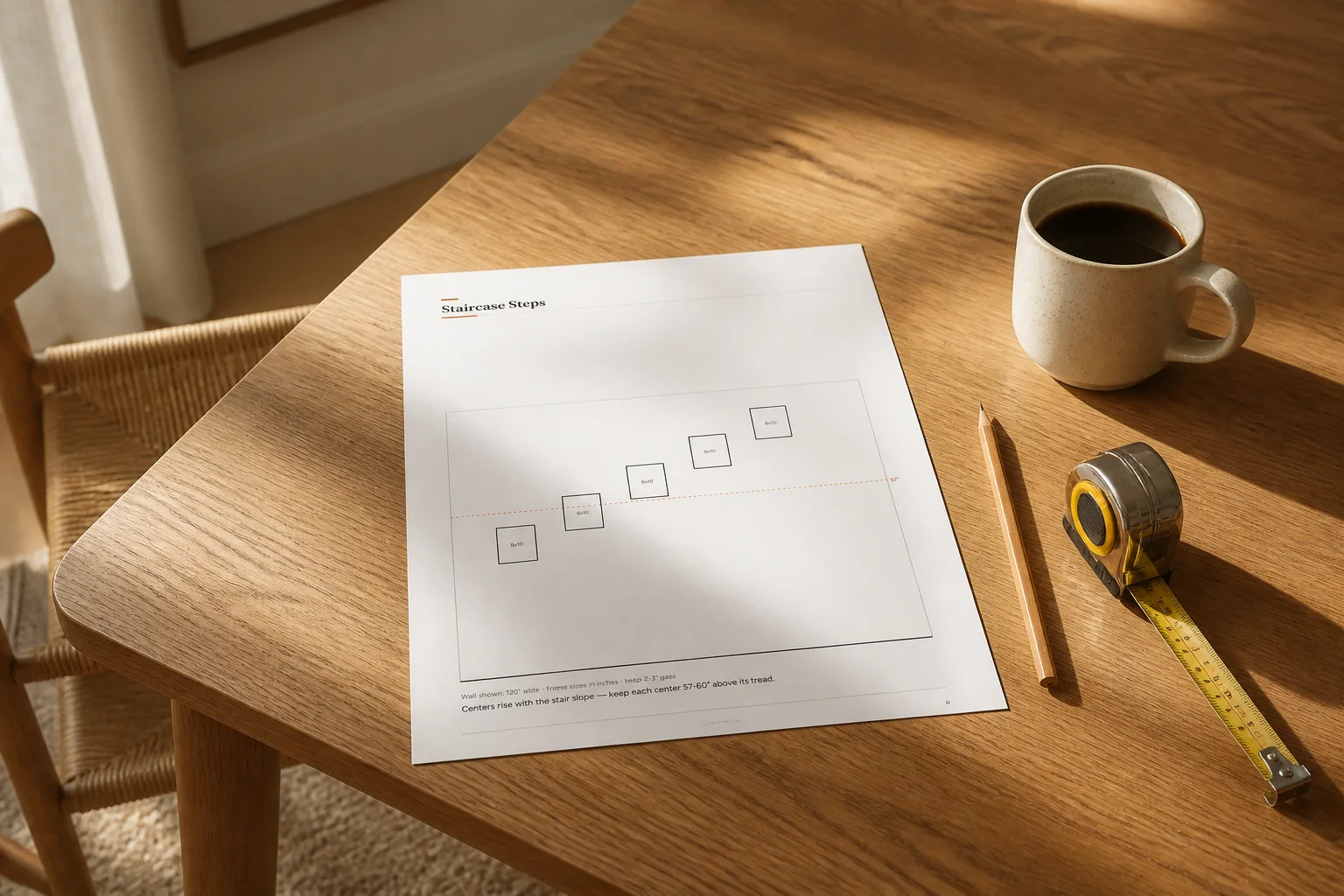 A measured layout page on the table with a tape measure (render)