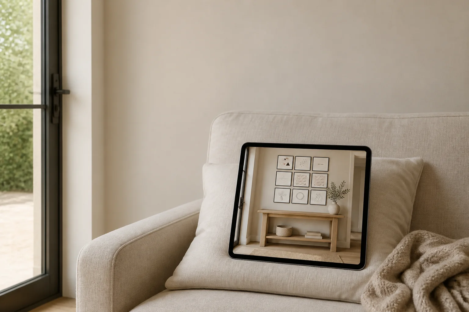 A tablet showing the layout preview in front of the bare wall (render)