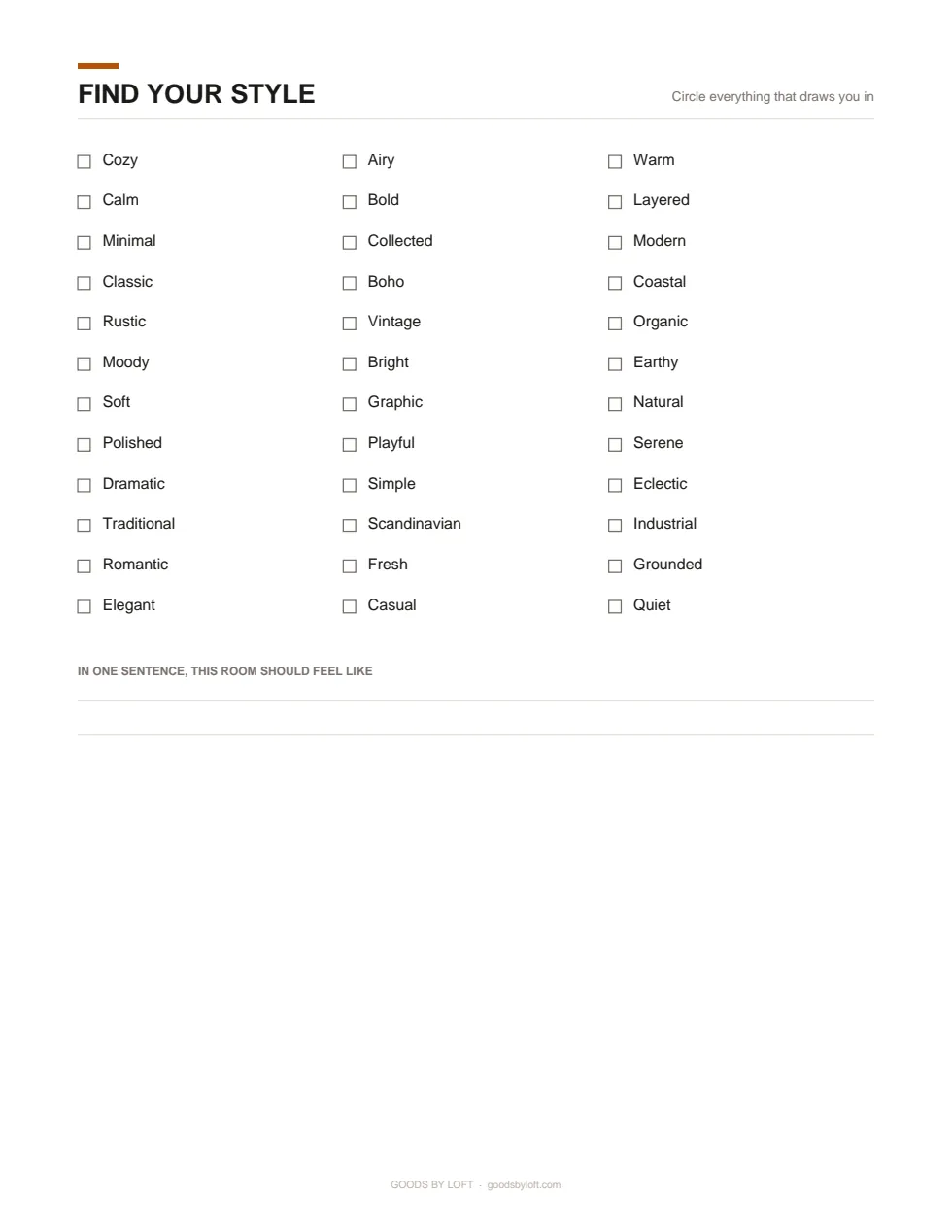 Circle the style words, leave with a one-sentence room brief