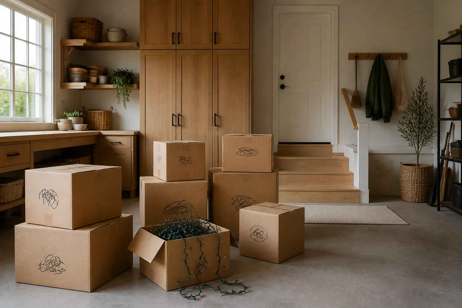 The holiday boxes are labeled 'stuff' and one of them eats the good lights every year (render)